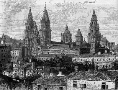 巴洛克艺术：圣地亚哥-德孔波斯特拉大教堂（Santiago de Compostela）的景色。西班牙。1880年8月14日《世界画报》第1220期上的版画。 作者 法语学校