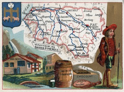 比利牛斯基地，现在是比利牛斯-大西洋基地（Pyrenees Atlantiques，64），法国阿基坦省。eau-bonnes（水好）的温泉浴场、阿马尼亚克酒、巧克力、盐和巴约纳火腿。关于法国各省的系列。铬平版印刷（Chromo）" 作者 法语学校
