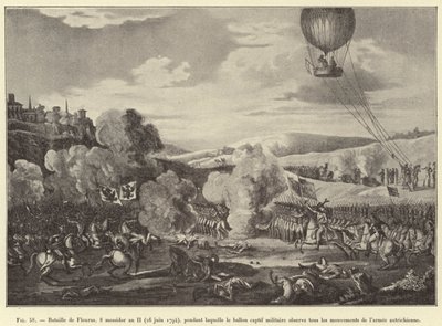 Fleurus 之战，8 Messidor Year II（1794 年 6 月 26 日），在此期间，军用俘虏气球观察了奥地利军队的所有动向（雕刻） 作者 法语学校