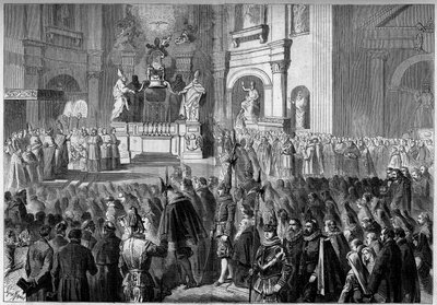 Benediction by Pope Pius IX (1792-1878) of the altar of the pulpit of the Church of St. Peter in Rome, after restoration. Altar built between 1656 and 1658 by Gianlorenzo Bernini (Bernini 作者 法语学校