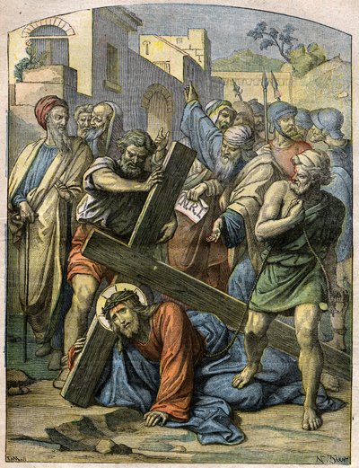 Bible Scene - Way of the Cross: Jesus falls a second time. Engraving in “” Le Pelerin”” of November 29 作者 法语学校