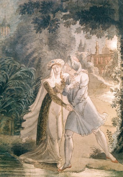 Blanca和Abon Hamet在阿尔罕布拉宫的花园中，来自Francois Rene的“Le Dernier des Abencerages”（1768-1848）Vicomte de Chateaubriand（纸笔和墨水纸上） 作者 法语学校