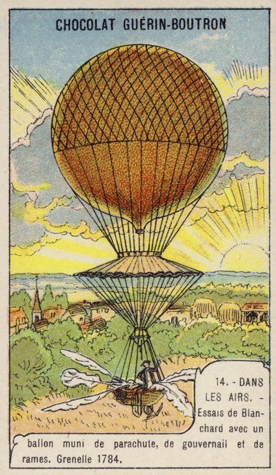 Blanchard testing his balloon equipped with parachute, rudder and oars, Grenelle, France 作者 法语学校