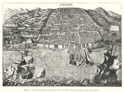 1683 年海上轰炸阿尔及尔； 从 17 世纪雕刻 （雕刻） 作者 法语学校