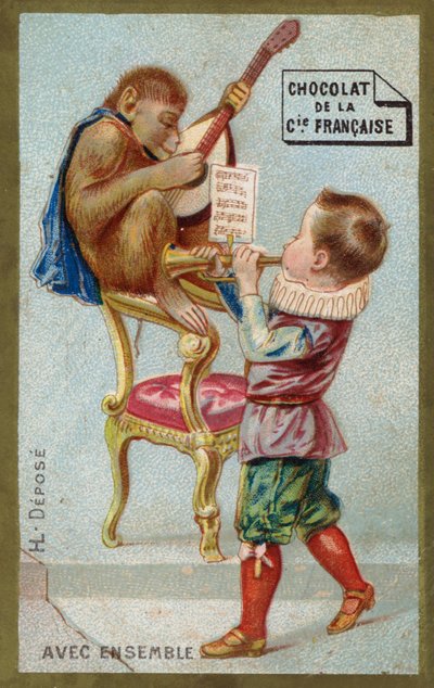 Boy and monkey playing musical instruments together (chromolitho) 作者 法语学校