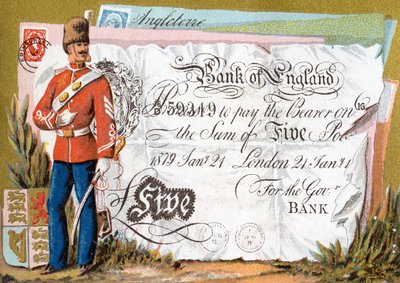 英国军队士兵守卫英格兰银行五磅钞票，1886年至1995年 作者 法语学校