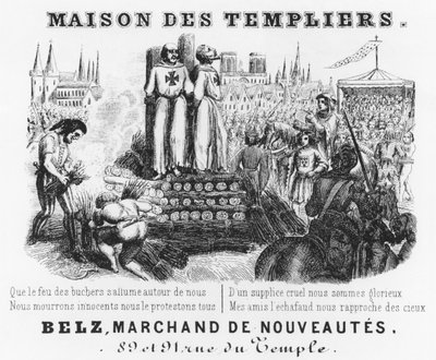 燃烧的圣殿骑士，一个布料商店的标题，Maison des Templiers，Belz，rue du Temple，巴黎，c.1840 作者 法语学校