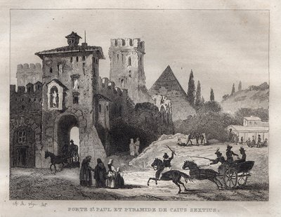 Caius Cestus Pyramid and Gate of St. Paul in Rome Porte Saint Paul and Pyramid of Caius Sextus a Rome - Engraving from "Picturesque Italy" - Historical and Descriptive Painting of Italy" by M. de Norvins, Ch. Nodier 1834-1836. 作者 法语学校