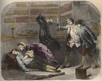 Calas案：1761年10月13日，Marc Antoine Calas被发现死在图卢兹的家庭用品店中--Armand Fouquier (1817-18?) 1858-1867年的 "Causes celebres de tous les peuples "中的雕刻--私人收藏 作者 法语学校