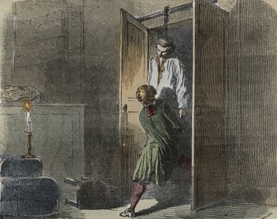 卡拉斯案：1761年10月13日，马克-安托万-卡拉斯被发现在图卢兹的家庭精品店中被绞死--"Causes celebres de tous les peuples "中的版画，作者Armand Fouquier (1817-18?) 1858-1867 - 私人收藏 作者 法语学校
