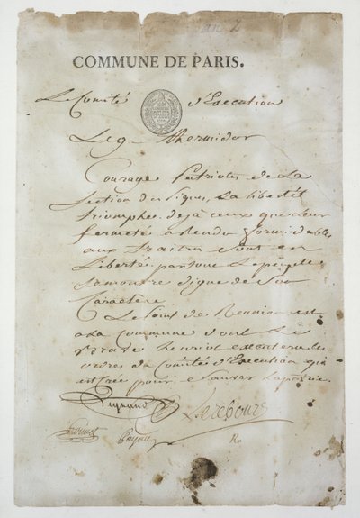 致电Maximilien de Robespierre（1758-94）加入公社，9 Thermidor An 2（1794年7月27日）（笔墨水纸） 作者 法语学校