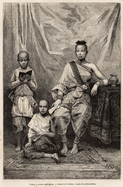 柬埔寨妇女和儿童，根据 D.Maillart 的一幅画雕刻，描绘了前往 Cochinchine 的航程，由 Morice 博士于 1872 年出版，发表于 1875 年的“Le tour du monde””，Edouard Charton 编辑，巴黎 Hachette 版。 塞尔瓦收藏。 作者 法语学校