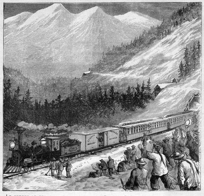1888 年加拿大太平洋铁路 - 加拿大太平洋铁路 - 内华达山脉的火车通过 - 1888 年“航海杂志”版画 作者 法语学校
