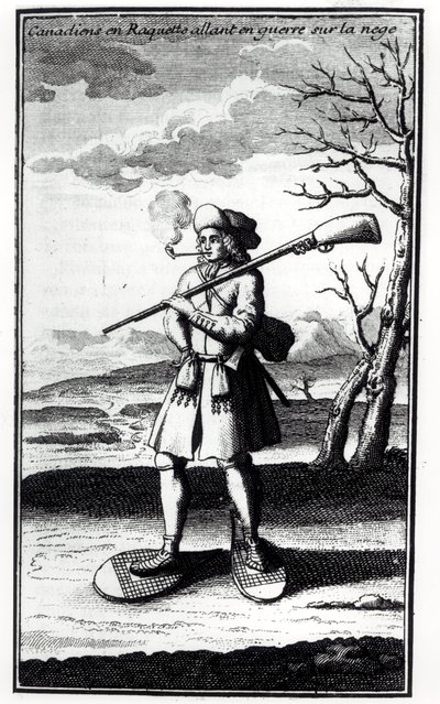 加拿大雪鞋在雪地上开战，来自1753年出版的Bacqueville de La Potherie（1663-1736）的Histoire de lAmerique septentrionale 作者 法语学校