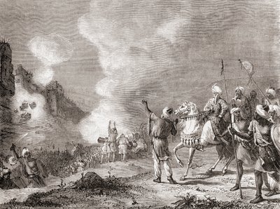 1274 年，苏丹阿布-雅库布-优素福在围攻摩洛哥西吉尔马萨时将大炮用作攻城器械，摘自《科学的奇迹》，约 1870 年出版（雕刻）。 作者 French School
