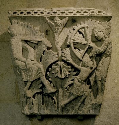 资本描绘一名男子将箭射入另一名男子的脖子，c.1125-30（石灰石） 作者 法语学校
