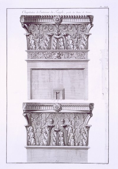 罗马浴场附近的寺庙的首都，尼姆，来自法国古迹：Vol I，Monuments de Nimes 作者 法语学校