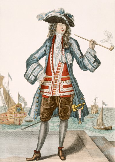 Dunkerque 88的Jean Bart船长：舰队的船长Le Capitaine Jean Baert de Dunquerque在码头上抽着长长的烟斗;让巴特（1651-1702），佛兰芒水手w 作者 法语学校