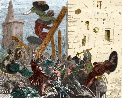 1209年8月，在对阿尔比盖尔人的十字军东征中攻占卡尔卡松。雕刻于 "Histoire De France En Cent Paintings by Paul Lehugeur" 1891年 作者 法语学校