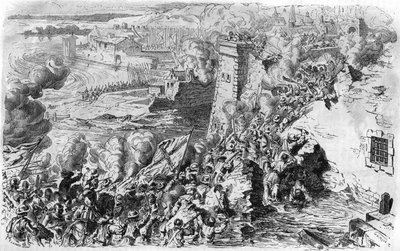 1590年法尔内塞攻占拉格尼，根据旧版画绘制。载于《法国人民史》，约1885年。雕刻。 作者 法语学校