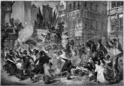 1860年安特卫普（比利时）街头的狂欢节场景。1860年3月3日《世界画报》第151期上的版画。 作者 法语学校
