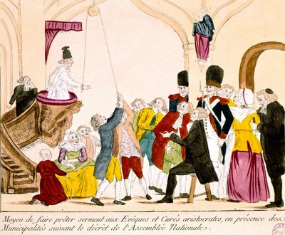 描绘法国贵族和教士宣誓效忠共和国的漫画（彩色版画 作者 French School