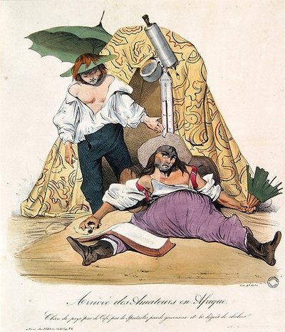 讽刺阿尔及利亚的法国艺术家的漫画，约1830年（彩色平印）。 作者 法语学校