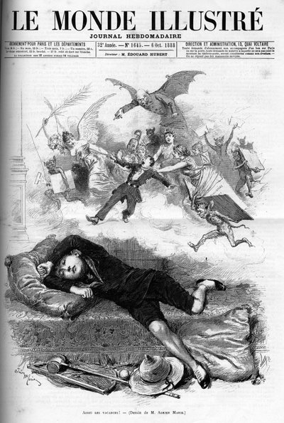 1888年，一个年轻的小学生从假期结束临近班级出租的时候斥责的漫画。 作者 法语学校