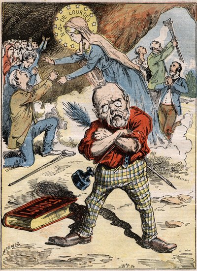 作家埃米尔-左拉（Emile Zola，1840-1902）的漫画，他对卢尔德的信徒们的奉献精神感到困惑，尽管他在小说《卢尔德》中表达了对这个主题的批评。8月30日在《Le Pelerin》杂志上的版画 作者 法语学校