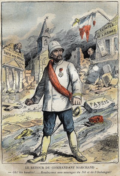 关于指挥官让-巴蒂斯特（Jean Baptiste）-马尚（1863-1934）的漫画，在土伦，从非洲的勘探任务（1896-1899）返回。1899年6月4日 "Le Pelerin "上的雕刻。 作者 法语学校