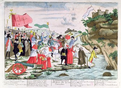 卡通嘲笑在革命期间在德国避难的法国神职人员和贵族，c.1792 作者 法语学校