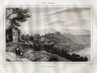 甘道夫城堡--来自诺文斯先生的 "意大利风景画 "的版画，Ch. Nodier 1834-1836。 作者 法语学校