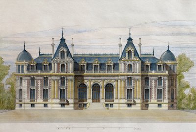 Neuflize城堡属于佩特兄弟，花园门面，插图来自Le Moniteur des architectes，1884年，由F. Penel雕刻（彩色雕刻） 作者 法语学校
