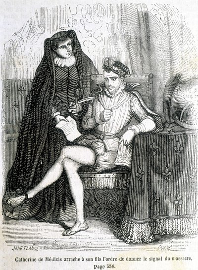 凯瑟琳-德-美第奇（Caterina de Medici）从她的儿子（查理九世）那里撕下命令，发出1572年屠杀圣巴特勒米的信号--见L.-P.的《法国史》。安凯尔 作者 法语学校
