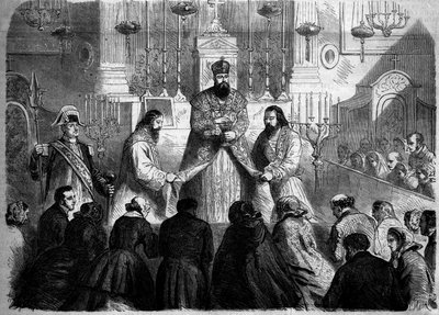天主教仪式--弥撒--1860年1月26日。在巴黎的维克多尔圣母院教堂，机械师的上司根据亚美尼亚仪式举行的弥撒。1860年2月4日《世界画报》第147期上的版画。 作者 法语学校