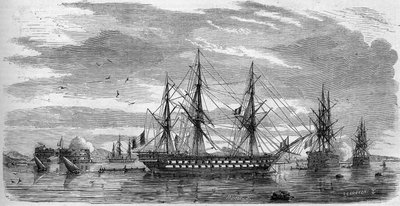Catholic fete: Good Friday (Holy Friday) in Toulon (Var, 83) in 1858. The ships have their rods in cross and their flags with half halyards as a sign of mourning. Engraving in “” Le Monde Illustré”” n°53 of 17 April 1858. 作者 法语学校