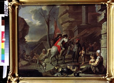 "酒馆里的骑士》（Cavaliers arrivant a une auberge sur la route），乞丐站在入口前。17 世纪下半叶的法国学院派绘画。莫斯科普希金博物馆 作者 法语学校