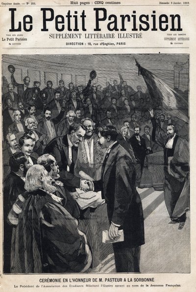在索邦大学举行的纪念科学家路易斯-巴斯德（1822-1895）的仪式，以庆祝他的生日。1893年1月8日的《小巴黎人报》之一（雕版）。 作者 法语学校