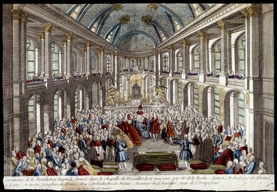 1770 年 5 月 16 日，法国海豚路易·奥古斯特 (Louis XVI) 和奥地利的玛丽·安托瓦内特 (Louis Auguste) 在凡尔赛教堂举行的新娘祝福仪式 - 雕刻 作者 法语学校