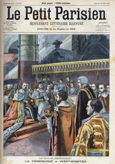 在威斯敏斯特举行的加冕仪式。国王爱德华七世（1841-1910）和丹麦的亚历山德拉（1844-1925），载于 "小巴黎人"。 作者 法语学校