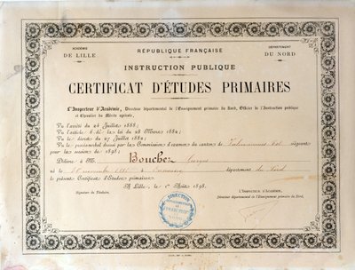 1898年里尔学院小学教育证书（纸上墨水） 作者 法语学校