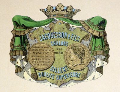 Jacquesson & Fils, Champagne Sillery Marque的香槟酒标签，19世纪中期（彩色平印）。 作者 法语学校