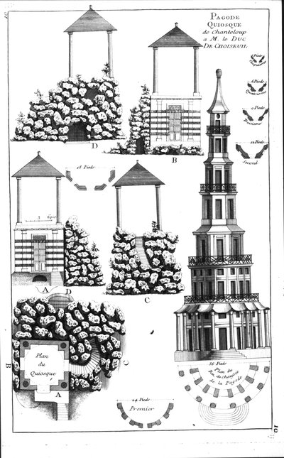 Chanteloup Pagoda，来自George Gardens the Red的新花园和时尚的细节，出版于1770-87 作者 法语学校