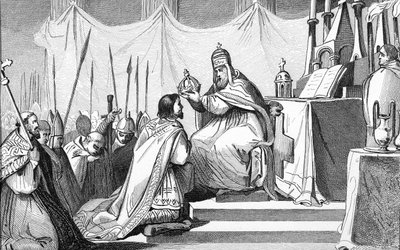Charlemagne（742-814）由教皇利奥三世（c.750-816）于12月25日在圣彼得大教堂罗马举行，来自Colart的“Histoire de France”，出版于1840年 作者 法语学校