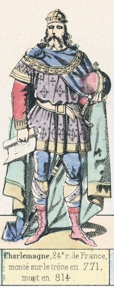 查理曼，法国第24位国王，771年登基，814年去世（彩色版画）。 作者 法语学校