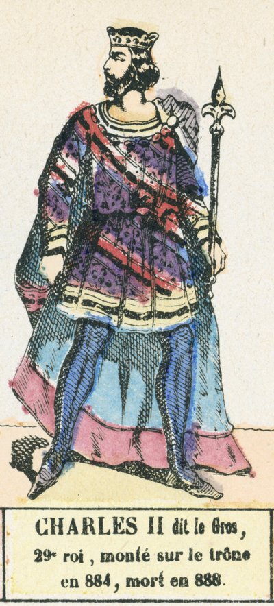 胖子查理二世，第29位国王，884年登基，888年去世（彩色版画 作者 法语学校