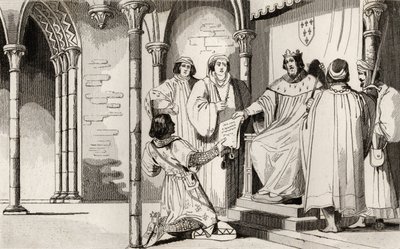 查理四世（1294-1328）英国人在法院接受了一项辩护，来自Colart的&39;Histoire de France&39;，出版于1840年（版画） 作者 法语学校