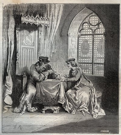Charles VI (1380-1422) and Odette de Champdivers - King Charles VI of France, known as Charles the Good Aime, then Charles the Fol (1368-1422) with his mistress Odinette (Odette) de Champdivers (circa 1390-around 1425) playing cards engraving in “Paris a t 作者 法语学校