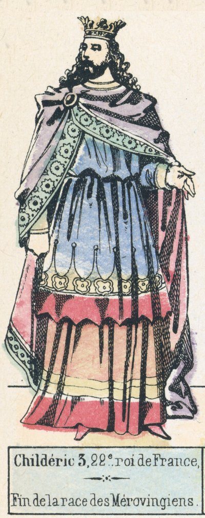 Childeric 3, 22e roi de France, Fin de la race des Merovingiens (coloured engraving) 作者 法语学校
