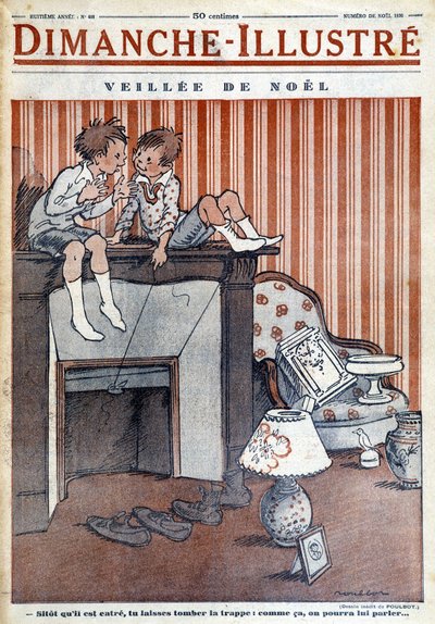 孩子们坐在烟囱上，给圣诞老人设陷阱，为 1930 年圣诞节的报纸 "Le Dimanche illustrious"（雕刻） 作者 法语学校